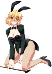Rule 34 | 1girl, alternate costume, animal ears, bad id, bad pixiv id, blonde hair, blush, bow, bowtie, breasts, cane, cleavage, detached collar, fingernails, fishnet pantyhose, fishnets, full body, green eyes, green nails, high heels, highres, jacket, large breasts, leotard, mizuhashi parsee, nail polish, ootsuki wataru, pantyhose, playboy bunny, pointy ears, rabbit ears, rabbit tail, short hair, simple background, solo, tail, touhou, white background