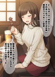 Rule 34 | 1girl, alcohol, bad id, bad pixiv id, beer, beer mug, black pantyhose, blush, brown hair, chopsticks, closed eyes, cup, cushion, facing viewer, food, from side, holding, holding food, indoors, long hair, long sleeves, looking to the side, meat, miniskirt, mug, nakamura sumikage, open mouth, original, pantyhose, red skirt, restaurant, sitting, skewer, skirt, solo, sweater, swept bangs, table, translation request, tray, turtleneck, turtleneck sweater, white sweater, wooden table, wooden wall