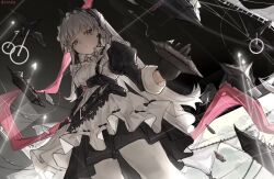 Rule 34 | 1girl, apron, arknights, bird, black dress, black gloves, closed mouth, dress, english text, from below, gloves, grey eyes, grey hair, head wings, highres, irene (arknights), irene (voyage of feathers) (arknights), juliet sleeves, long sleeves, looking at viewer, maid, maid headdress, official alternate costume, pantyhose, puffy sleeves, scar, scar across eye, scar on face, solo, standing, striped, twitter username, vertical stripes, white apron, white pantyhose, wings, yipingtaopuzi