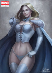 Rule 34 | 10s, 1girl, arturo z. gutierrez, blonde hair, breasts, cape, cleavage, corset, elbow gloves, emma frost, fur trim, gloves, hand on own hip, looking at viewer, marvel, midriff, navel, panties, smile, solo, thighhighs, underwear, white gloves, white panties, x-men