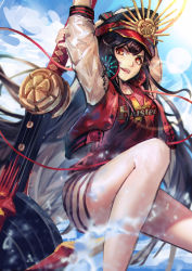 Rule 34 | 1girl, :d, absurdres, arms up, black hair, blue sky, cloud, collarbone, day, fate/grand order, fate (series), floating hair, from below, hat, highres, holding, holding weapon, jacket, lens flare, long hair, looking at viewer, luobo carrot, military hat, miniskirt, oda nobunaga (fate), oda nobunaga (koha-ace), oda nobunaga (swimsuit berserker) (first ascension) (fate), open clothes, open jacket, open mouth, outdoors, red eyes, red shirt, shirt, skirt, sky, smile, solo, striped clothes, striped skirt, sun, very long hair, weapon