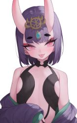 Rule 34 | 1girl, absurdres, bare shoulders, blush, closed mouth, eyeshadow, fate/grand order, fate (series), highres, horns, makeup, off shoulder, oni, pink eyes, purple hair, rabbit (wlsdnjs950), short eyebrows, short hair, shuten douji (fate), simple background, skin-covered horns, sleeves past wrists, solo, tongue, tongue out, upper body, white background