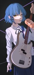 Rule 34 | 1girl, arm at side, bass guitar, black background, black ribbon, blue hair, blue skirt, bocchi the rock!, chinese commentary, collared shirt, commentary, cup, dark background, earrings, english commentary, fwqh1208, gotoh hitori, hair ornament, hairclip, highres, holding, holding cup, holding plectrum, instrument, jewelry, looking away, mixed-language commentary, mole, mole under eye, neck ribbon, nose, parted lips, plectrum, ribbon, school uniform, shirt, short hair, skirt, solo, stud earrings, tsurime, upper body, white shirt, yamada ryo, yellow eyes