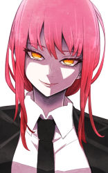 Rule 34 | 1girl, black necktie, black suit, business suit, chainsaw man, close-up, collared shirt, commentary, formal, highres, jin (mugenjin), looking at viewer, makima (chainsaw man), necktie, non porn, red hair, ringed eyes, shaded face, shirt, smile, solo, suit, white background, white shirt, yellow eyes
