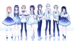 Rule 34 | 4boys, 4girls, :d, ankle lace-up, black footwear, black hair, black pants, blazer, blue eyes, blue hair, blue skirt, blue vest, bow, brown eyes, brown hair, capelet, choker, closed mouth, collarbone, collared shirt, cross-laced footwear, dress, green eyes, green hair, hair between eyes, heterochromia, highres, jacket, light brown hair, long hair, long sleeves, looking at viewer, mechuragi, multiple boys, multiple girls, necktie, open clothes, open jacket, open mouth, original, own hands clasped, own hands together, pants, puffy long sleeves, puffy sleeves, purple bow, purple eyes, purple neckwear, red eyes, reflection, scarf, school uniform, see-through, shirt, shoes, silver hair, skirt, smile, strapless, strapless dress, thighhighs, very long hair, vest, white background, white blazer, white bow, white capelet, white choker, white dress, white footwear, white legwear, white scarf, white shirt