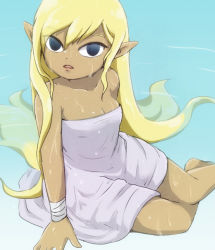 Rule 34 | aged up, bandaged arm, bandages, barefoot, black eyes, blonde hair, breasts, cleavage, dark-skinned female, dark skin, dress, hair between eyes, legs together, long hair, looking at viewer, medium breasts, nintendo, no pupils, open mouth, partially submerged, pointy ears, solo, tetra, the legend of zelda, the legend of zelda: the wind waker, usushira, water, wet, wet hair