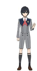 Rule 34 | 10s, 1boy, black hair, blue eyes, clenched hand, darling in the franxx, full body, hiro (darling in the franxx), legwear garter, long sleeves, looking at viewer, male focus, official art, school uniform, short hair, shorts, simple background, solo, standing, transparent background