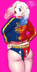Rule 34 | 1girl, animification, ass, batman (series), belt, blonde hair, dc comics, dccu, earrings, hands on own hips, harley quinn, jacket, jewelry, looking at viewer, looking back, makeup, multicolored clothes, pantyhose, pink background, see-through, see-through legwear, shiny skin, short shorts, shorts, simple background, solo, studded belt, suicide squad, thighs, tongue, twintails, yokkora