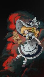 Rule 34 | 1girl, absurdres, apron, black footwear, black hat, black skirt, black vest, blonde hair, blush, bow, braid, broom, broom riding, buttons, closed mouth, cloud, commentary, crescent, frilled skirt, frills, full body, gap (touhou), green bow, hair bow, hat, hat bow, highres, holding, holding broom, kirisame marisa, light frown, long hair, looking at viewer, neruzou, puffy short sleeves, puffy sleeves, revision, shirt, shoes, short sleeves, single braid, skirt, skirt set, solo, touhou, vest, waist apron, white apron, white bow, white shirt, witch, witch hat, yellow eyes