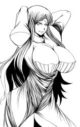 1girl arms_behind_head breasts curvy dress female_focus hikora huge_breasts long_hair long_skirt monochrome simple_background skirt solo standing thighs white_background