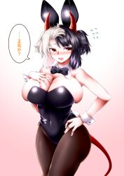 Rule 34 | 0-den, 1girl, absurdres, animal ears, black leotard, breasts, cleavage, cow ears, cow horns, detached collar, fake animal ears, fake horns, hand on own hip, highres, horns, large breasts, leotard, looking at viewer, multicolored hair, pantyhose, playboy bunny, red eyes, red horns, red tail, solo, speech bubble, strapless, strapless leotard, touhou, two-tone hair, ushizaki urumi