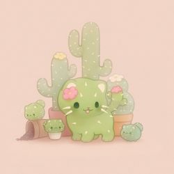 Rule 34 | :3, :d, animal, animal focus, brown background, cactus, cat, closed eyes, commentary, earth (planet), english commentary, flower, flower pot, ida (floofyfluff), no humans, open mouth, original, planet, plant, potted plant, simple background, smile, solid circle eyes, watermark, white flower, yellow flower