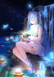 Rule 34 | 1girl, absurdres, ahoge, blue hair, breasts, bug, butterfly, cleavage, closed eyes, collarbone, from side, has bad revision, has downscaled revision, hatsune miku, highres, insect, long hair, md5 mismatch, mobu (wddtfy61), musical note, night, outdoors, petals, resolution mismatch, sitting, skirt, smile, solo, source smaller, twintails, very long hair, vocaloid, water