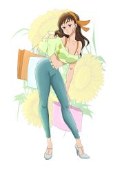 Rule 34 | 10s, 1girl, absurdres, alternate costume, alternate hairstyle, asymmetrical shirt, bag, belt, bracelet, breasts, brown hair, capri pants, cleavage, collarbone, contemporary, contrapposto, crop top, diane (nanatsu no taizai), earrings, eyelashes, floral background, flower, flower request, hair ribbon, hand in own hair, hand on own knee, high heels, highres, holding, holding bag, hoop earrings, jewelry, leaning forward, lips, long hair, looking to the side, midriff, nanatsu no taizai, navel, necklace, off-shoulder shirt, off shoulder, orange ribbon, pants, purple eyes, pursed lips, ribbon, shirt, shopping bag, sketch, solo, spaghetti strap, standing, yukai118