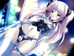 Rule 34 | 00s, 1girl, bdsm, blush, breastless clothes, censored, choukou sennin haruka, collar, covered erect nipples, cropped legs, crotchless, crotchless panties, female focus, flashing, latex, leather, looking at viewer, nippleless clothes, object insertion, onigirikun, open clothes, outdoors, panties, pink hair, public indecency, public vibrator, revealing clothes, sex toy, shihoudou narika, solo, twintails, underwear, vaginal, vaginal object insertion, vibrator