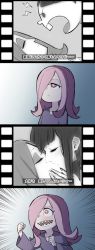 Rule 34 | 10s, 2girls, bad id, bad twitter id, blue background, blush, clenched hands, closed eyes, comic, dress, emphasis lines, excited, eyelashes, film strip, gaijin 4koma (meme), gradient background, hair over one eye, half-closed eyes, hand on another&#039;s cheek, hand on another&#039;s face, hands up, heart, heart-shaped pupils, kagari atsuko, kiss, lightning bolt symbol, little witch academia, long hair, long sleeves, meme, multiple girls, open mouth, partially colored, red eyes, robe, sharp teeth, sidelocks, simple background, smile, sucy manbavaran, symbol-shaped pupils, teeth, translated, witch, yuri