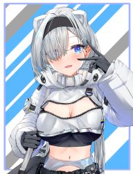 Rule 34 | 1girl, :3, :d, absurdres, animal ears, arknights, aurora (arknights), bear ears, black gloves, black hairband, black shirt, blue eyes, blush, breasts, cleavage, cleavage cutout, clothing cutout, crop top, cropped jacket, eyes visible through hair, fang, gloves, hair over one eye, hairband, hand up, highres, jacket, kebol, long hair, long sleeves, looking at viewer, midriff, navel, open mouth, shirt, silver hair, smile, solo, stomach, upper body, v, very long hair, white jacket