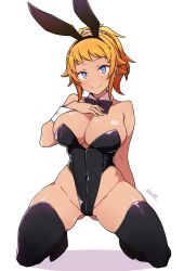 Rule 34 | 1girl, alternate skin color, animal ears, batta 16-sei, black leotard, black thighhighs, blue eyes, breasts, cleavage, closed mouth, commentary request, dark-skinned female, dark skin, fake animal ears, gundam, gundam build fighters, hand on own chest, highleg, highleg leotard, highres, hoshino fumina, kneeling, large breasts, leotard, looking at viewer, orange hair, ponytail, rabbit ears, signature, simple background, smile, solo, strapless, strapless leotard, thighhighs, white background, white wrist cuffs, wrist cuffs