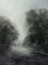 Rule 34 | bare tree, dark, fog, mitzoka2001, no humans, original, painting (medium), pond, sapling, sky, traditional media, tree, tree shade, water, waterfall, white sky