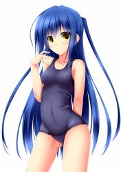 Rule 34 | 1girl, arm behind back, bad id, bad pixiv id, blue hair, blush, breasts, cowboy shot, gluteal fold, groin tendon, highres, long hair, old school swimsuit, one-piece swimsuit, original, school swimsuit, shouyan, small breasts, smile, solo, swimsuit, white background, yellow eyes