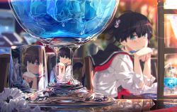 Rule 34 | 1girl, black hair, black sailor collar, blue eyes, blurry, blurry background, blush, cup, depth of field, drinking glass, from side, highres, holding, holding pen, lens flare, long sleeves, looking at viewer, looking to the side, ogipote, original, own hands together, parted lips, pen, reflection, sailor collar, school uniform, serafuku, shirt, short hair, short ponytail, sitting, solo, table, upper body, water drop, white shirt