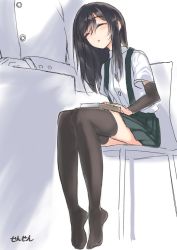 Rule 34 | 10s, 1boy, 1girl, admiral (kancolle), arm warmers, artist name, asashio (kancolle), black hair, black thighhighs, book, chair, check commentary, commentary request, faceless, faceless male, hair between eyes, head out of frame, kantai collection, long hair, no shoes, open mouth, out of frame, pleated skirt, school uniform, sensen, sitting, skirt, sleeping, suspenders, thighhighs, white background