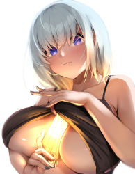 Rule 34 | 1girl, absurdres, banned artist, bare arms, bare shoulders, between breasts, blush, breasts, camisole, camisole lift, closed mouth, clothes lift, collarbone, fay (fay axl), glowstick, highres, holding, large breasts, lifting own clothes, looking at viewer, original, purple eyes, short hair, silver hair, sleeveless, smile, solo, spaghetti strap, underboob, v
