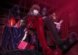 Rule 34 | 10s, 1boy, 1girl, asymmetrical footwear, asymmetrical legwear, black footwear, black legwear, book, brown eyes, brown hair, brown skirt, candle, capelet, chair, commentary, doll, from below, ghost, hairband, hanged, highres, indoors, kurenaino aria, kusakabe kiryuu, long hair, looking to the side, mirror, mismatched footwear, mismatched legwear, miyagi ruka, occultic;nine, outstretched arm, parted lips, platform footwear, red footwear, red legwear, rope, shoes, sitting, skirt, table, tablet pc