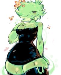 Rule 34 | bare shoulders, blue eyes, blush, breasts, bug, butterfly, choker, cleavage, dress, flower, flower on head, green hair, highres, insect, large breasts, looking at viewer, messy hair, monster girl, moss, original, plant girl, short hair, smile, thick thighs, thighhighs, thighs, usa37107692, wide hips, zettai ryouiki
