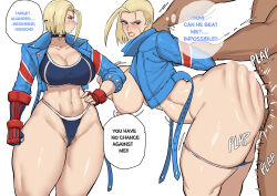 Rule 34 | 1boy, 1girl, arms behind back, black choker, blonde hair, blue eyes, breasts, cammy white, capcom, censored, choker, clenched teeth, cyberboi, dark-skinned male, dark skin, english text, fucked silly, hand on own hip, hetero, highres, instant loss, jacket, large breasts, open clothes, open jacket, panties, panty pull, pubic hair, pubic hair peek, scar, scar on face, sex, sex from behind, short hair, simple background, standing, standing sex, street fighter, street fighter 6, teeth, thick thighs, thighs, underwear, white background, wide hips