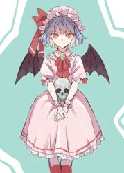 Rule 34 | 1girl, ascot, bat wings, brooch, dress, hat, hat ribbon, highres, jewelry, looking at viewer, mob cap, nanasuou, one-hour drawing challenge, puffy short sleeves, puffy sleeves, red eyes, remilia scarlet, ribbon, short hair, short sleeves, simple background, skirt, skirt set, solo, touhou, white background, wings, wrist cuffs