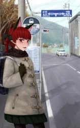 Rule 34 | 1girl, animal ears, bad id, bad pixiv id, black pantyhose, braid, bus stop, cat ears, cat girl, coat, contemporary, extra ears, female focus, gomu (chewinggom), highres, kaenbyou rin, pantyhose, pointy ears, red eyes, red hair, road, scarf, short hair, solo, toggles, touhou, winter clothes, winter coat