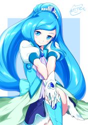 Rule 34 | 1girl, absurdres, blue dress, blue eyes, blue footwear, blue hair, blush, boots, closed mouth, collarbone, cure fontaine, dress, floating hair, hands on own knees, healin&#039; good precure, high ponytail, highres, knee boots, layered dress, long hair, looking at viewer, matatabi (karukan222), precure, sawaizumi chiyu, short sleeves, sitting, smile, solo, swept bangs, very long hair, white background