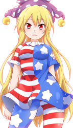 Rule 34 | 1girl, absurdres, american flag dress, american flag legwear, arms at sides, blonde hair, blush, breasts, clownpiece, cowboy shot, dress, gluteal fold, hat, highres, hiro (pqtks113), jester cap, long hair, looking at viewer, medium breasts, neck ruff, pantyhose, parted lips, polka dot, red eyes, short dress, short sleeves, simple background, smile, solo, standing, star (symbol), star print, striped clothes, striped pantyhose, touhou, very long hair, white background