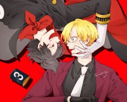 Rule 34 | 2boys, alternate eye color, alternate hair color, alternate hairstyle, armlet, bandana, black eyes, black gloves, black shirt, black suit, blonde hair, blue eyes, cape, collared shirt, cropped torso, curly eyebrows, dark persona, evil smile, formal, gloves, hair over one eye, hair up, hand on another&#039;s chin, hand on another&#039;s face, hand on another&#039;s head, long bangs, looking at another, looking to the side, male focus, mob0322, multiple boys, necktie, one piece, red background, red bandana, red suit, sanji (one piece), scared, shirt, short hair, simple background, smile, suit, sweatdrop, twitter username, upside-down, white gloves, white necktie