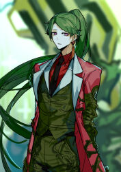 Rule 34 | 1girl, black necktie, closed mouth, coat, collared shirt, e.g.o (project moon), earrings, employee (project moon), green hair, green pants, green vest, high ponytail, jewelry, lobotomy corporation, long hair, long sleeves, looking at viewer, necktie, netzach (project moon), nishikujic, pants, plant, project moon, red coat, red shirt, shirt, single earring, spoilers, tassel, tassel earrings, very long hair, vest, vines