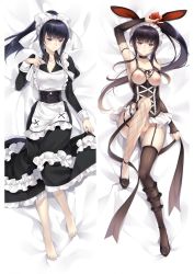 Rule 34 | 1girl, animal ears, apron, armpits, asymmetrical legwear, barefoot, bed sheet, black choker, black footwear, black hair, black shirt, black skirt, black sleeves, black thighhighs, blunt bangs, bow, breasts, choker, cleft of venus, collarbone, collared shirt, dakimakura (medium), detached sleeves, fake animal ears, fishnet thighhighs, fishnets, from above, full body, garter straps, hair bow, high heels, layered skirt, long hair, long skirt, long sleeves, looking at viewer, lying, maid, maid headdress, medium breasts, moeanime, narberal gamma, nipples, on back, overlord (maruyama), parted lips, ponytail, pumps, purple eyes, pussy, rabbit ears, shirt, skirt, sleeves past wrists, thighhighs, very long hair, white apron, white bow, wing collar