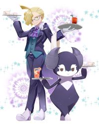 Rule 34 | 1boy, ahoge, alternate costume, ascot, bespectacled, blonde hair, buttons, closed mouth, collared shirt, creatures (company), drinking straw, game freak, gen 8 pokemon, gladion (pokemon), glass, glasses, gloves, green eyes, green vest, highres, holding, holding tray, indeedee, jacket, long sleeves, looking down, male focus, mocacoffee 1001, nintendo, pants, pokemon, pokemon sm, purple ascot, shirt, shoes, short hair, smile, tailcoat, tray, vest, white footwear, white shirt