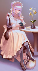 Rule 34 | 1boy, 1girl, absurdres, black blindfold, black footwear, blindfold, book, closed mouth, crossed legs, dress, femdom, flower, foot on another&#039;s face, frilled dress, frills, glasses, highres, holding, holding book, jewelry, key, long hair, long sleeves, maid, maid headdress, masochism, mole, mole under mouth, nail polish, necklace, original, pink eyes, pink hair, pink nails, red lips, sitting, sitting on person, smoke (flyx21), vase, wrist cuffs
