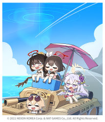 Rule 34 | 4girls, ahoge, azusa (blue archive), azusa (swimsuit) (blue archive), bare shoulders, beach umbrella, bikini, black hair, blonde hair, blue archive, blue sky, blush, breasts, brown hair, chibi, cleavage, closed eyes, cloud, day, donmin h, eyewear on head, flower, hair between eyes, hair ornament, hair ribbon, halo, heart, hifumi (blue archive), hifumi (swimsuit) (blue archive), holding, large breasts, long hair, mashiro (blue archive), mashiro (swimsuit) (blue archive), military, military vehicle, motor vehicle, multiple girls, official art, open mouth, outdoors, ponytail, ribbon, sandals, sky, smile, sunglasses, swimsuit, tank, tsurugi (blue archive), tsurugi (swimsuit) (blue archive), umbrella, very long hair, winged halo
