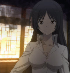 Rule 34 | 10s, 1girl, black hair, breasts, cleavage, fudou akio (trinity seven), highres, large breasts, long hair, red eyes, screencap, solo, trinity seven, window