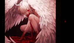 Rule 34 | 1other, 3chi8ru, absurdres, angel, angel wings, black border, blood, blood on face, blood on feet, blood on hands, border, colored eyelashes, eating, feathered wings, feathers, guro, highres, huge filesize, intestines, looking at viewer, nude, organs, original, other focus, red eyes, squatting, white feathers, white hair, wings