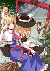 Rule 34 | 3girls, alice margatroid, annoyed, black hair, blonde hair, blue eyes, book, bow, broom, broom riding, capelet, detached sleeves, dress, female focus, from behind, hair bow, hairband, hakurei reimu, hat, hat bow, jewelry, kirisame marisa, long hair, multiple girls, multiple riders, ring, sash, shanghai doll, short hair, sidesaddle, sindre, smile, torii, touhou, witch hat