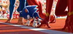 Rule 34 | amy rose, animal nose, blurry, blurry background, bodysuit, cape, crossover, crowd, dc comics, gloves, jumping, justice league, knuckles the echidna, male focus, mauricio abril, out of frame, red cape, serious, sonic (series), sonic the hedgehog, spiked hair, starting position, superhero costume, superman, tails (sonic), the flash, white gloves