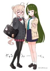 Rule 34 | 2girls, :q, ahoge, alternate costume, bag, bag charm, bespectacled, black footwear, blue eyes, blue necktie, blush, bow, bowtie, breasts, cardigan, charm (object), collared shirt, double bun, double v, full body, glasses, green hair, grin, hair bun, kantai collection, loafers, long hair, long sleeves, looking at viewer, makigumo (kancolle), mole, mole under mouth, multiple girls, necktie, one eye closed, pantyhose, pink hair, plaid, plaid skirt, pleated skirt, red bow, red bowtie, school bag, shirt, shoes, sidelocks, simple background, skirt, sleeves past wrists, smile, socks, someno haru, standing, tongue, tongue out, twitter username, v, white background, white shirt, white socks, yellow eyes, yuugumo (kancolle)