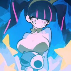 Rule 34 | 1girl, absurdres, animal ears, bare shoulders, black hair, black leotard, blue background, bow, bowtie, breasts, cleavage, detached collar, fake animal ears, highres, large breasts, leotard, liba (leo8d), looking at viewer, multicolored hair, panty &amp; stocking with garterbelt, playboy bunny, purple eyes, purple hair, rabbit ears, simple background, solo, star (symbol), stocking (psg), streaked hair, twintails