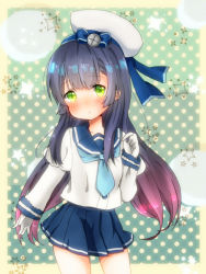 Rule 34 | 10s, 1girl, :o, beret, black hair, blue bow, blue necktie, blue skirt, blush, bow, collarbone, commentary request, contrapposto, cowboy shot, crescent moon, gloves, gradient hair, green eyes, hair bow, hand up, hat, juliet sleeves, kantai collection, long hair, long sleeves, looking at viewer, matsuwa (kancolle), moon, multicolored hair, necktie, parted lips, pleated skirt, polka dot, polka dot background, puffy sleeves, purple hair, school uniform, serafuku, shirt, skirt, solo, standing, star (symbol), starry background, tareme, very long hair, white gloves, white hat, white shirt