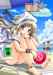 Rule 34 | 1girl, 2boys, anklet, bad id, bad pixiv id, barefoot, beach, beret, blonde hair, blue eyes, cape, chair, child, day, drink, feet, food, frisbee, fujishima shinnosuke, hat, ice cream, inohara masato, jewelry, little busters!, long hair, lounge chair, multiple boys, naoe riki, noumi kudryavka, one-piece swimsuit, outdoors, school swimsuit, smile, swimsuit, white school swimsuit, white one-piece swimsuit