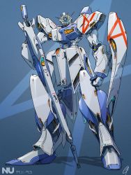 Rule 34 | 77lee77, absurdres, blue background, char&#039;s counterattack, clenched hand, glowing, glowing eyes, green eyes, gun, gundam, highres, holding, holding gun, holding weapon, mecha, mobile suit, nu gundam, redesign, robot, shadow, shield, solo, standing, v-fin, weapon