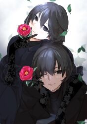 Rule 34 | 1boy, 1girl, arm around shoulder, black dress, black eyes, black gloves, black hair, black jacket, black suit, black undershirt, bob cut, closed mouth, commentary, dress, dual persona, elbow gloves, empty eyes, falling leaves, flower, formal, gloves, hair between eyes, hair over one eye, hand on own face, hand to own mouth, hand up, head tilt, highres, holding, holding flower, jacket, lace, lace gloves, leaf, looking at viewer, monogatari (series), one eye closed, oshino ougi, pale skin, red flower, short hair, smile, suit, suit jacket, turtleneck, upper body, usa003uni, v over mouth, white background